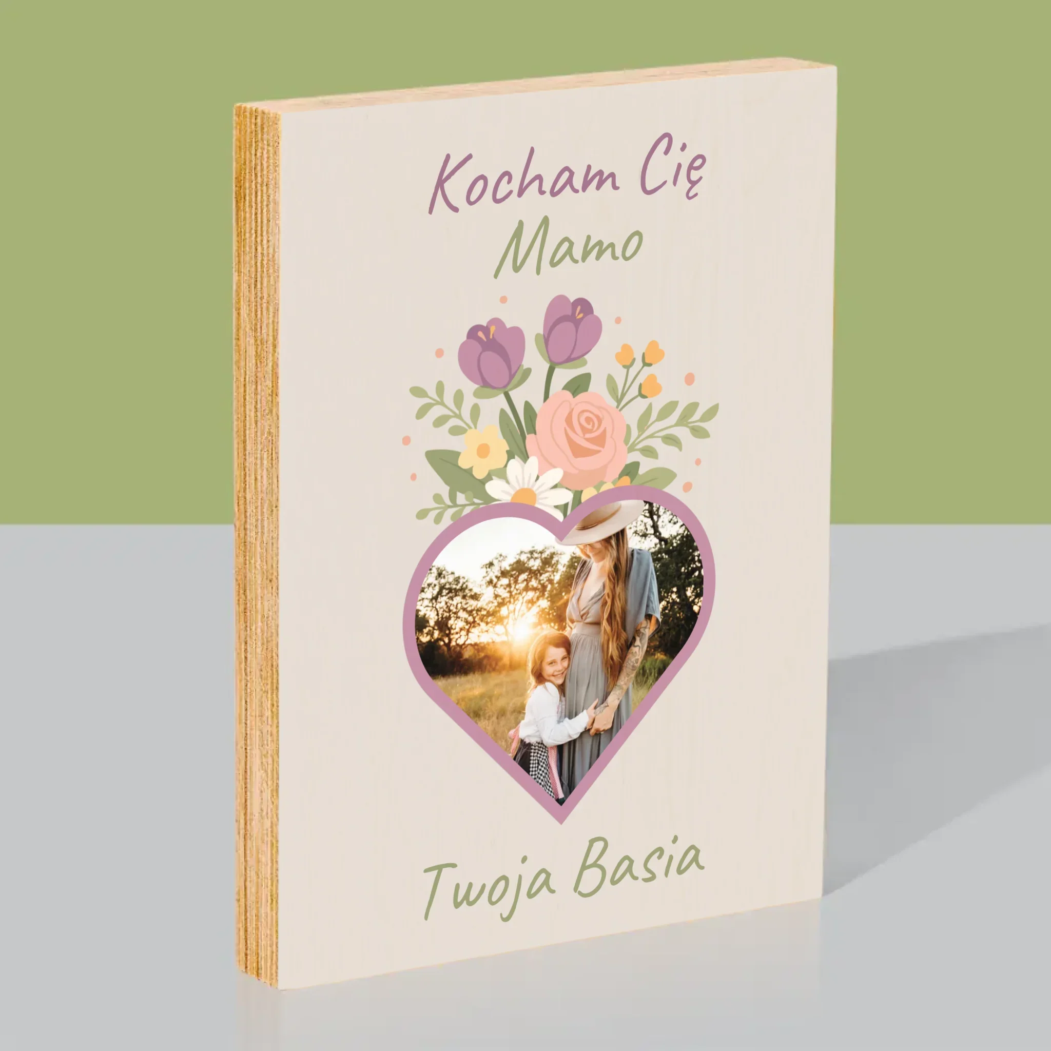 Zdjęcie i Podpis: Kocham Cię Mamo Kwiaty - Wydruk Na Drewnie