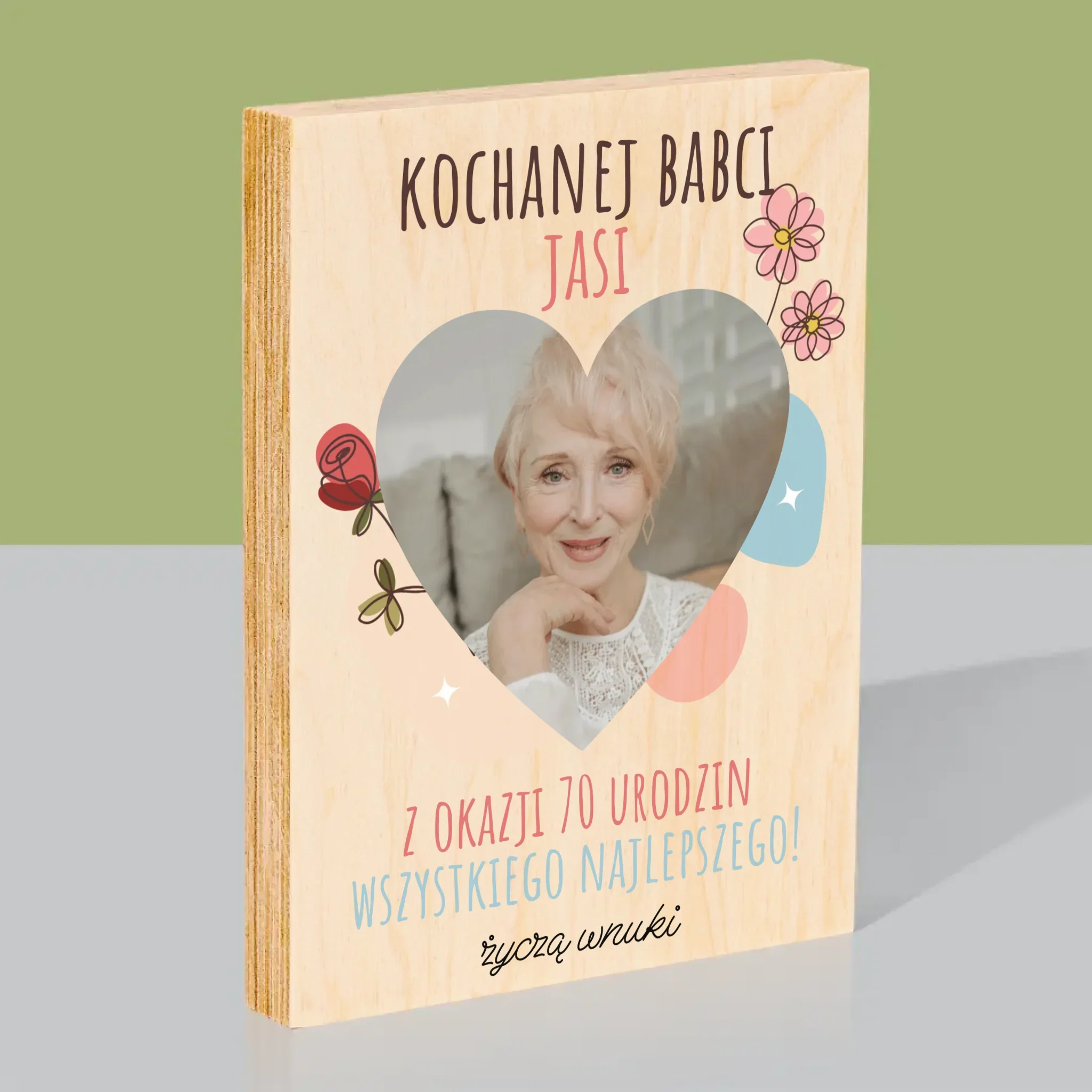 Zdjęcie I Podpis: Kochanej Babci z Okazji Urodzin - Wydruk Na Drewnie