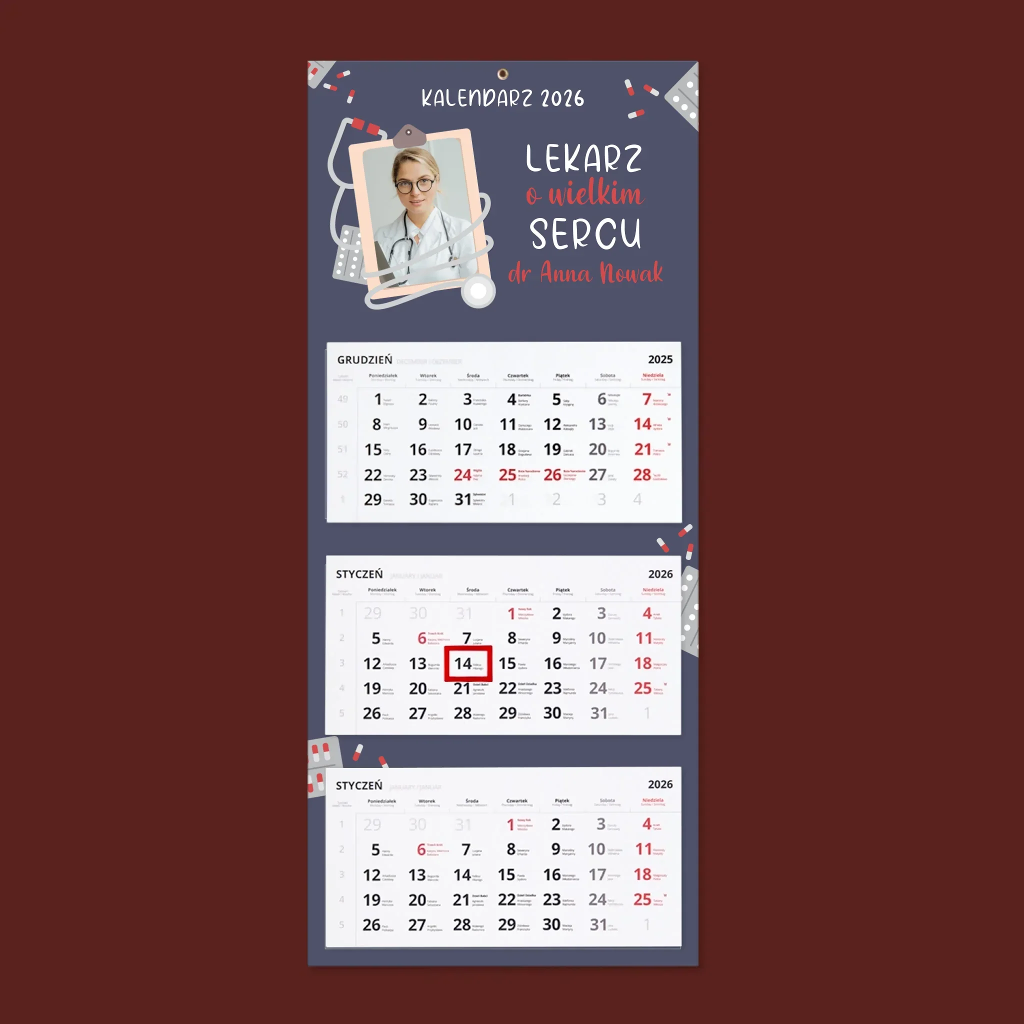 Zdjęcie i Podpis: Lekarz O Wielkim Sercu - Personalizowany Kalendarz Trójdzielny