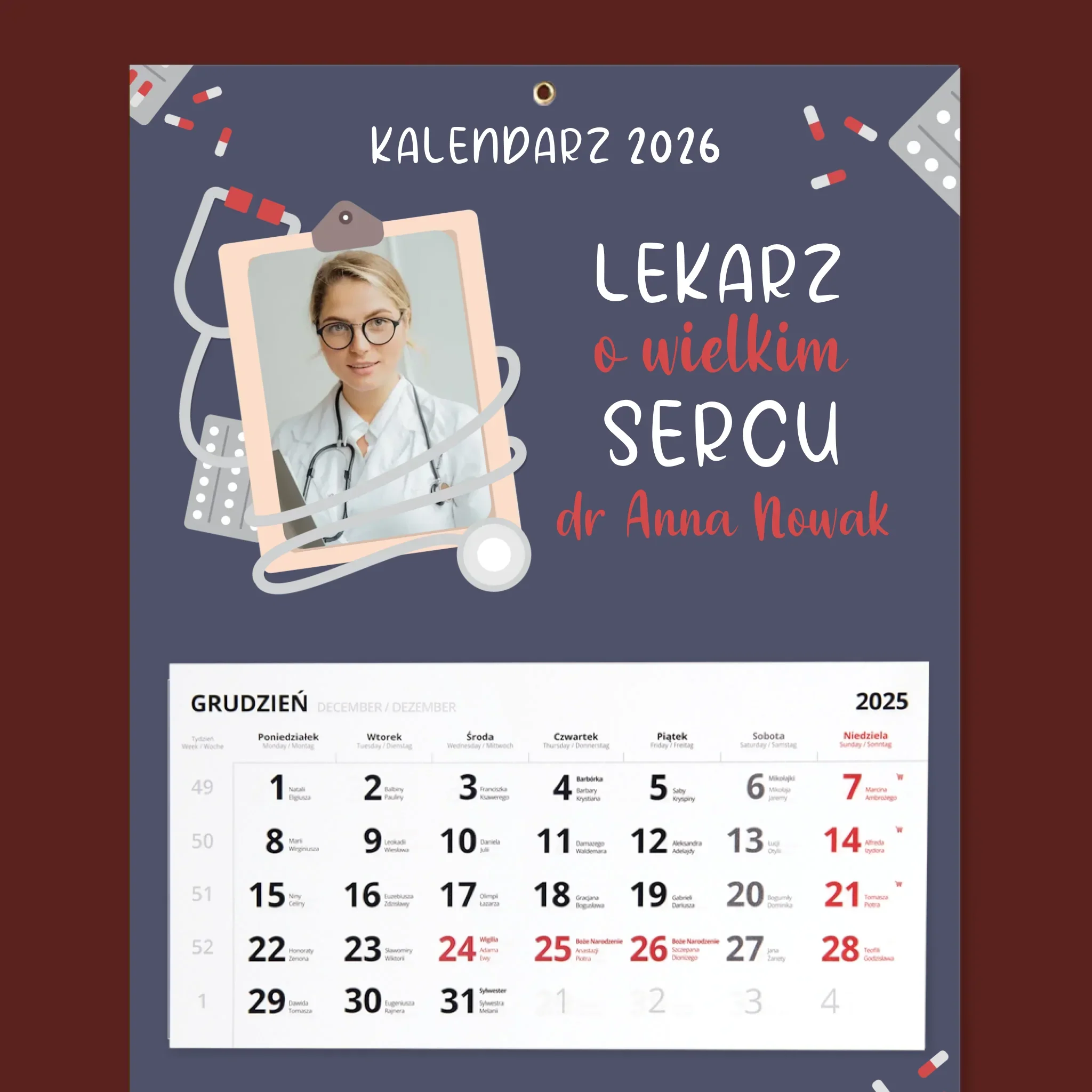 Zdjęcie i Podpis: Lekarz O Wielkim Sercu - Personalizowany Kalendarz Trójdzielny - Image 2