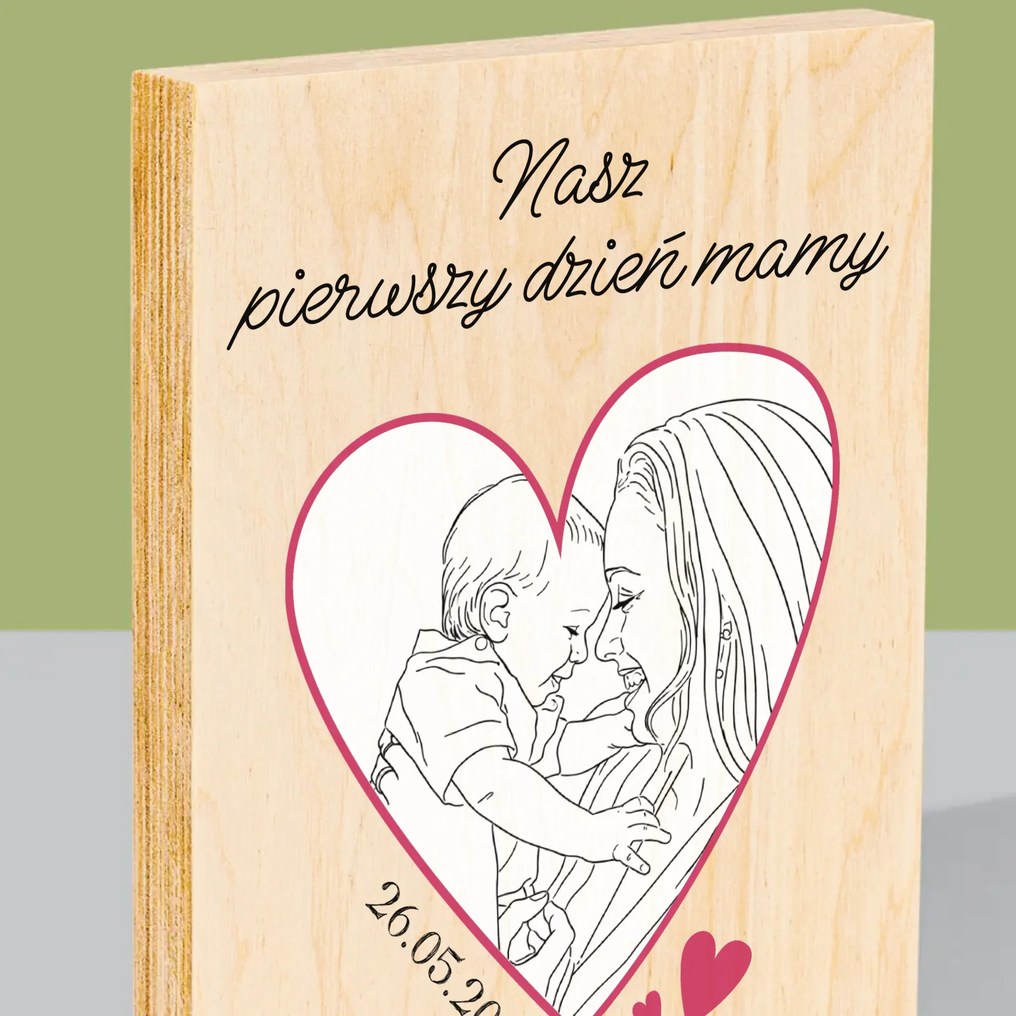 Zdjęcie i Podpis: Lineart Pierwszy Dzień Mamy - Wydruk Na Drewnie - Image 2