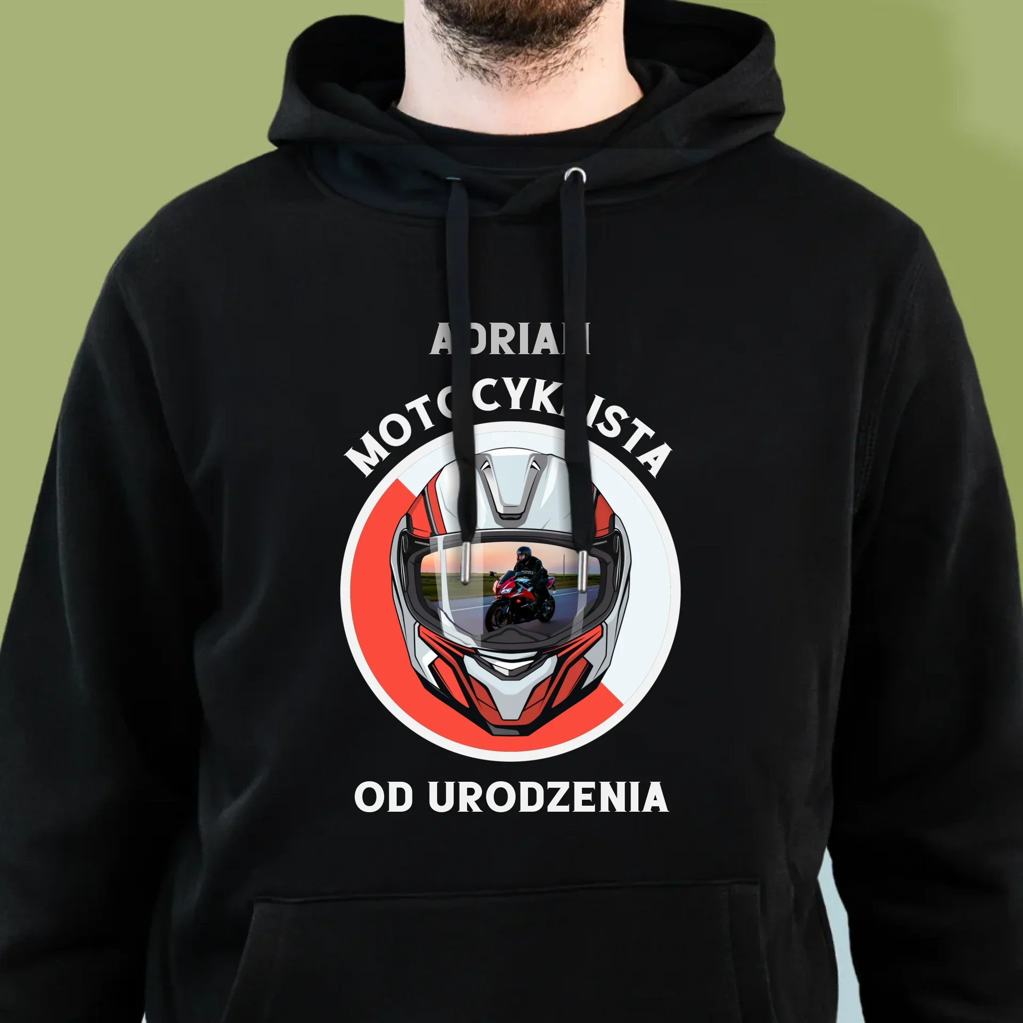Zdjęcie I Podpis: Motocyklista Od Urodzenia - Bluza Męska Z Kapturem - Image 2