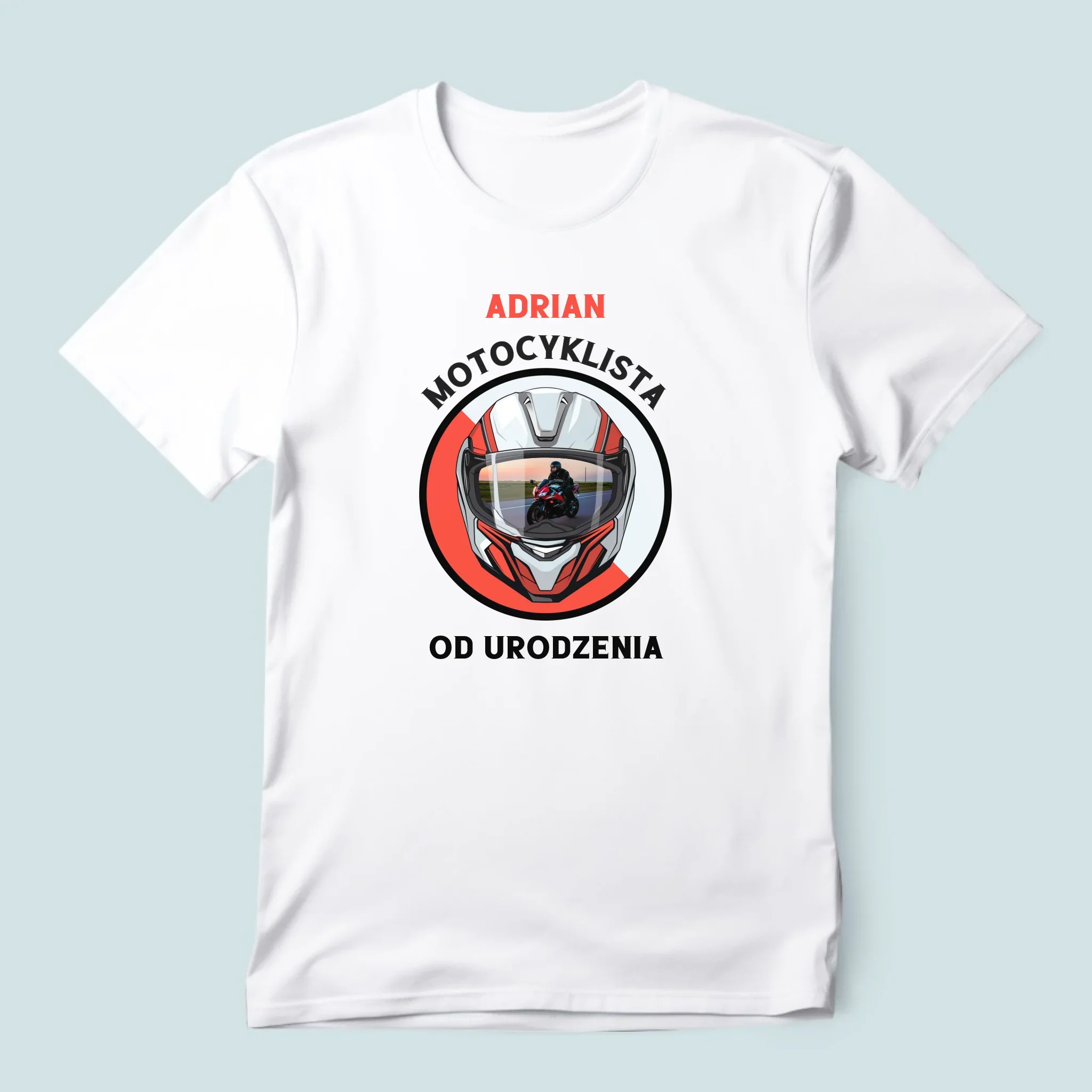Zdjęcie I Podpis: Motocyklista Od Urodzenia - Koszulka Męska z Nadrukiem - Image 3