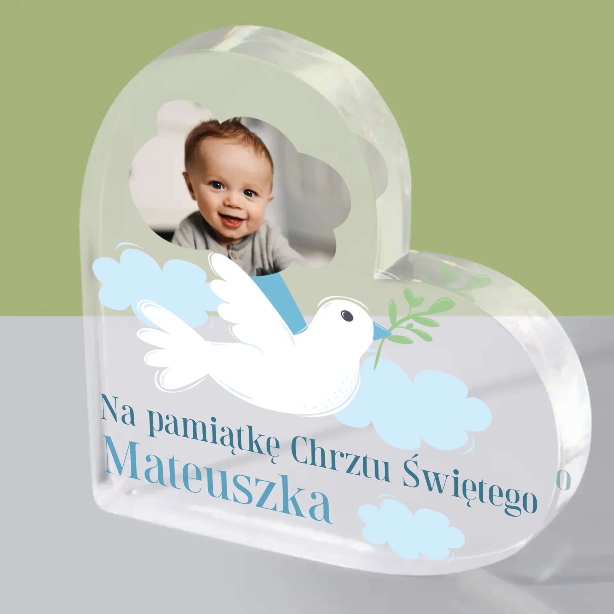 Zdjęcie i Podpis: Pamiątka Chrztu Gołąbek - Blok Akrylowy Serce - Image 2