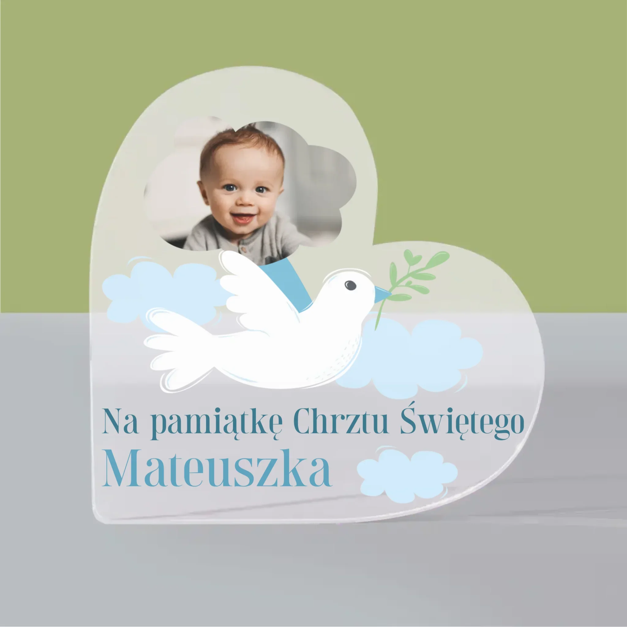 Zdjęcie i Podpis: Pamiątka Chrztu Gołąbek - Blok Akrylowy Serce - Image 3
