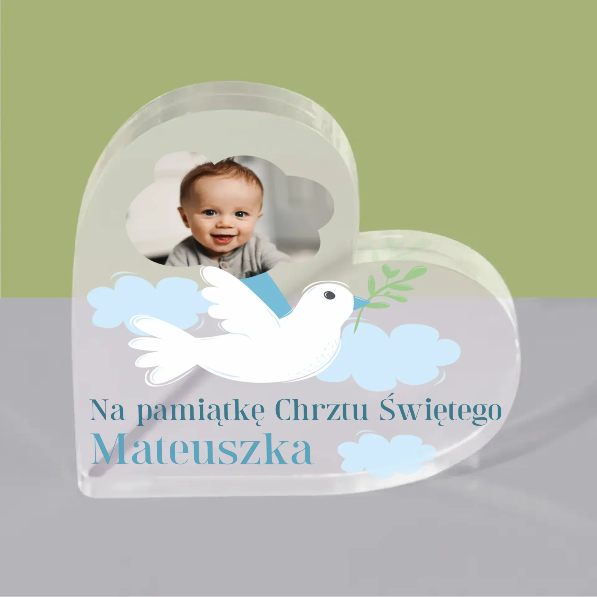 Zdjęcie i Podpis: Pamiątka Chrztu Gołąbek - Blok Akrylowy Serce - Image 4
