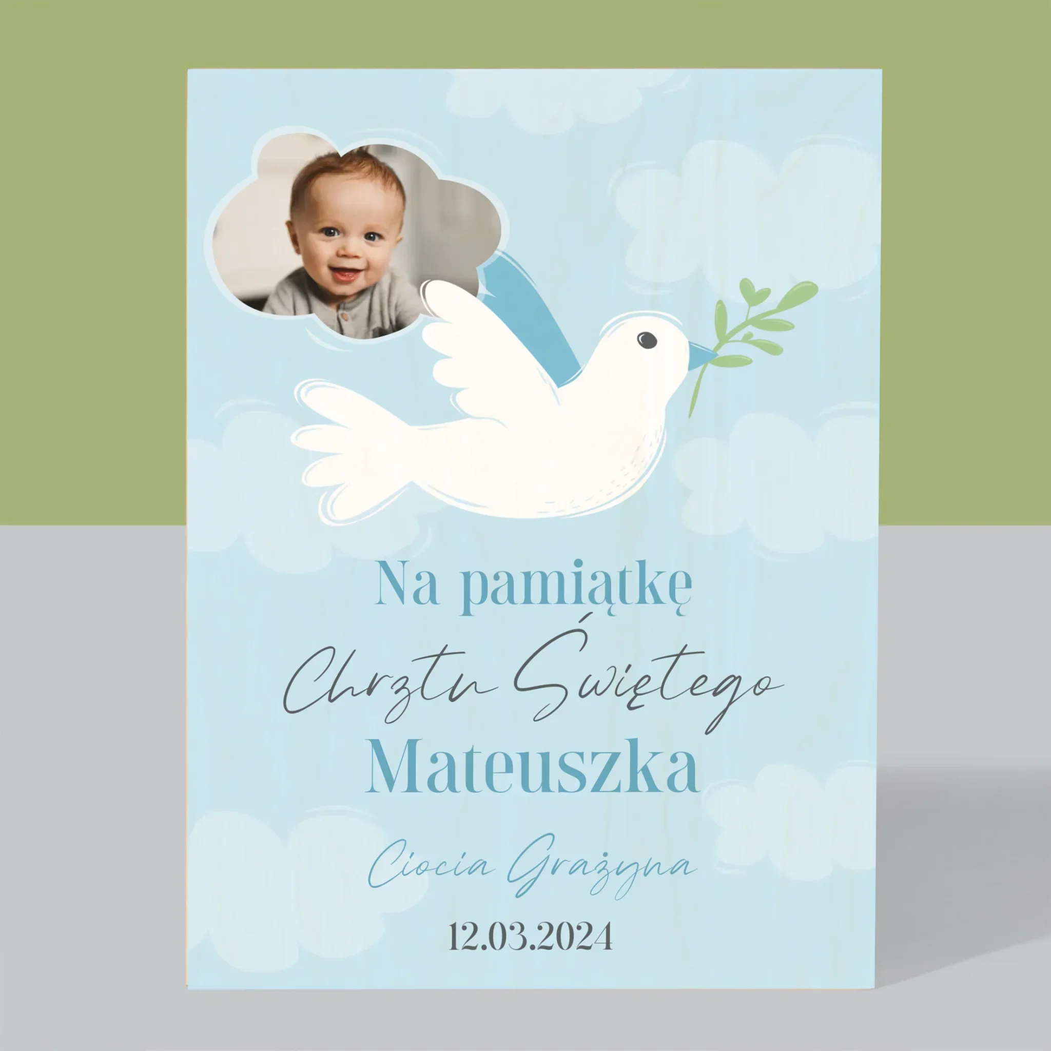 Zdjęcie i Podpis: Pamiątka Chrztu Gołąbek - Wydruk Na Drewnie - Image 3