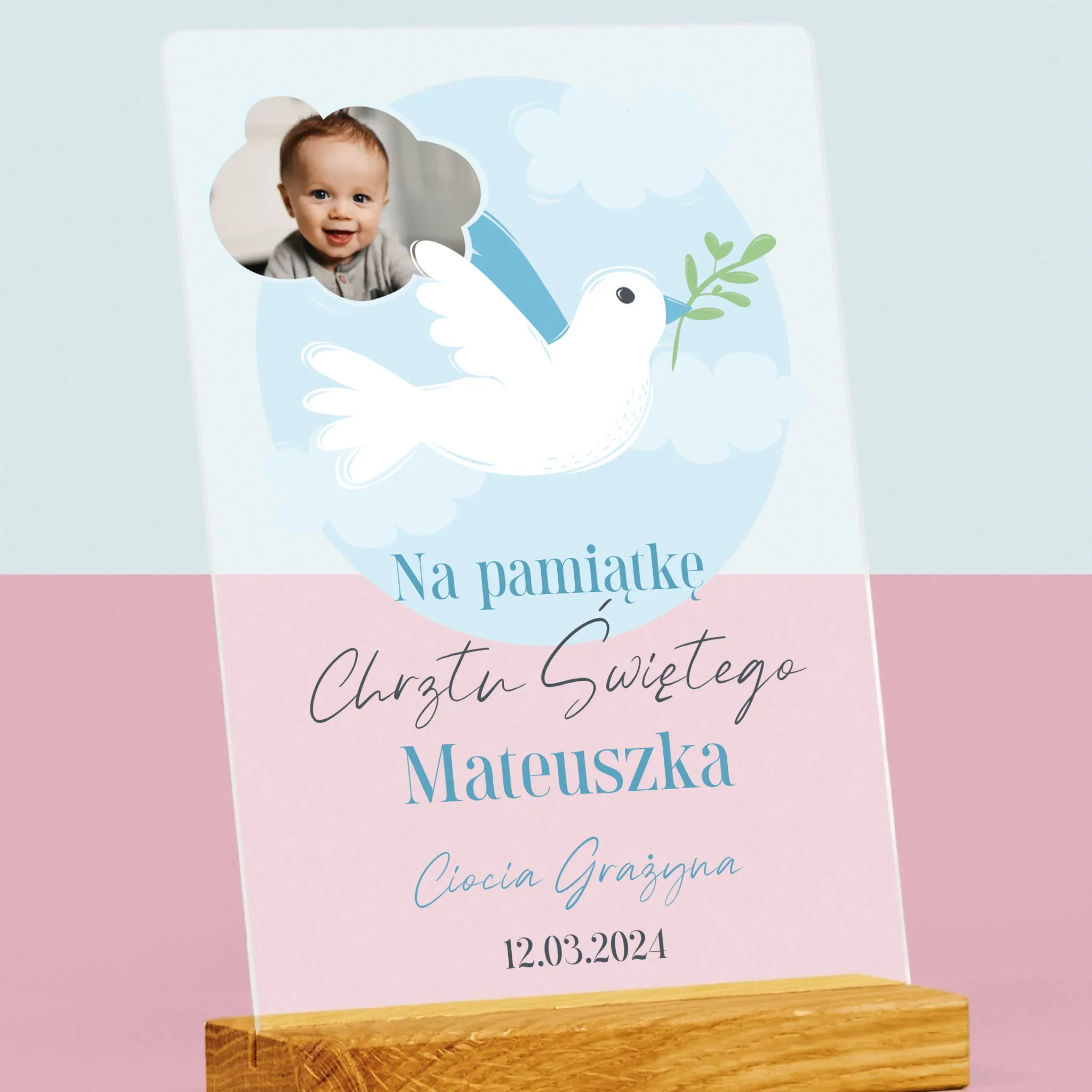 Zdjęcie i Podpis: Pamiątka Chrztu Gołąbek - Wydruk Na Szkle Akrylowym - Image 2