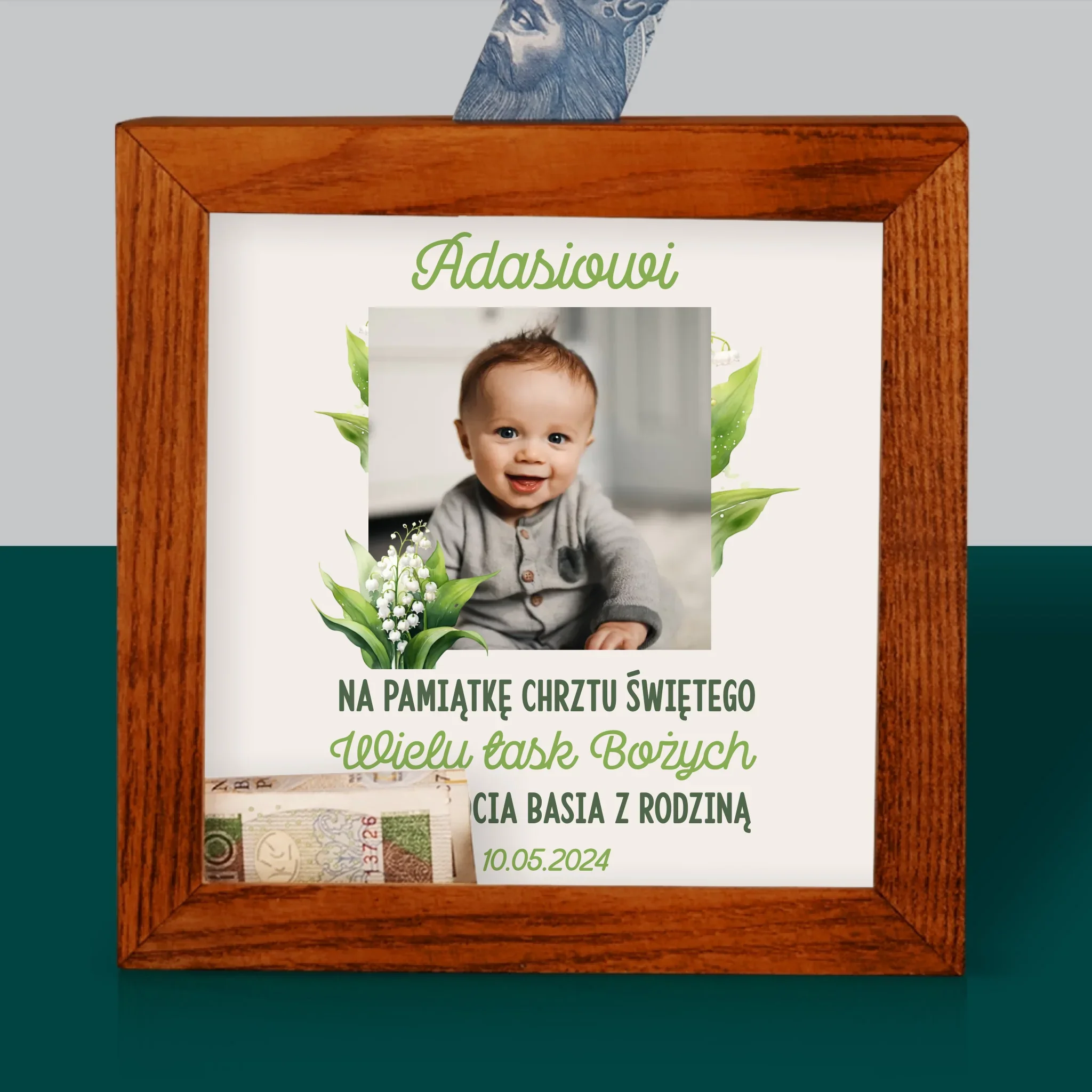 Zdjęcie I Podpis: Pamiątka Chrztu Konwalie - Drewniana Skarbonka - Image 2