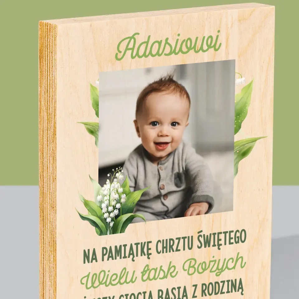 Zdjęcie i Podpis: Pamiątka Chrztu Konwalie - Wydruk Na Drewnie - Image 2