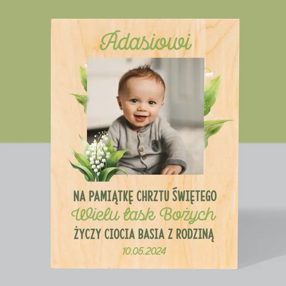 Zdjęcie i Podpis: Pamiątka Chrztu Konwalie - Wydruk Na Drewnie - Image 3