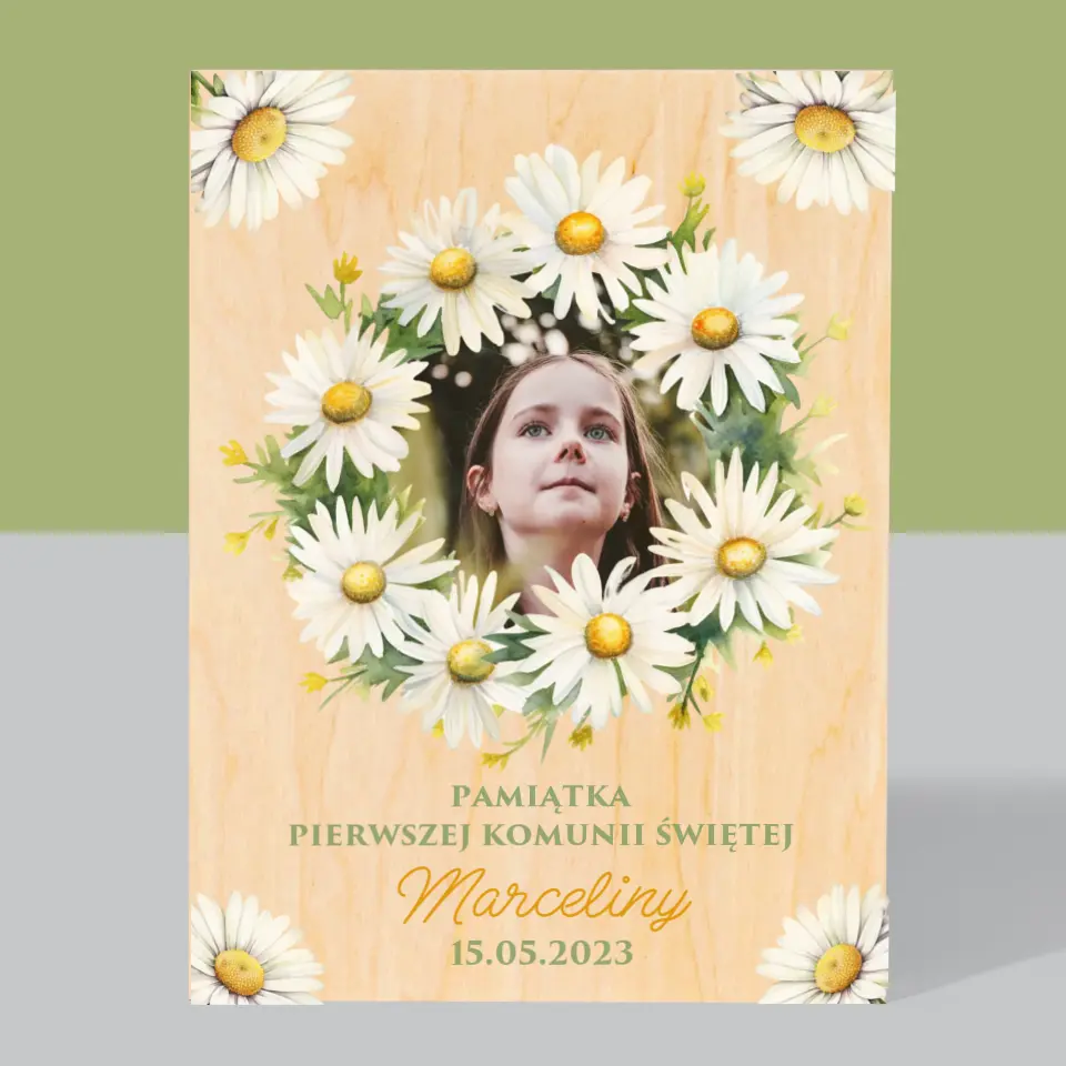 Zdjęcie i Podpis: Pamiątka Komunii Świętej Stokrotki - Wydruk Na Drewnie - Image 3