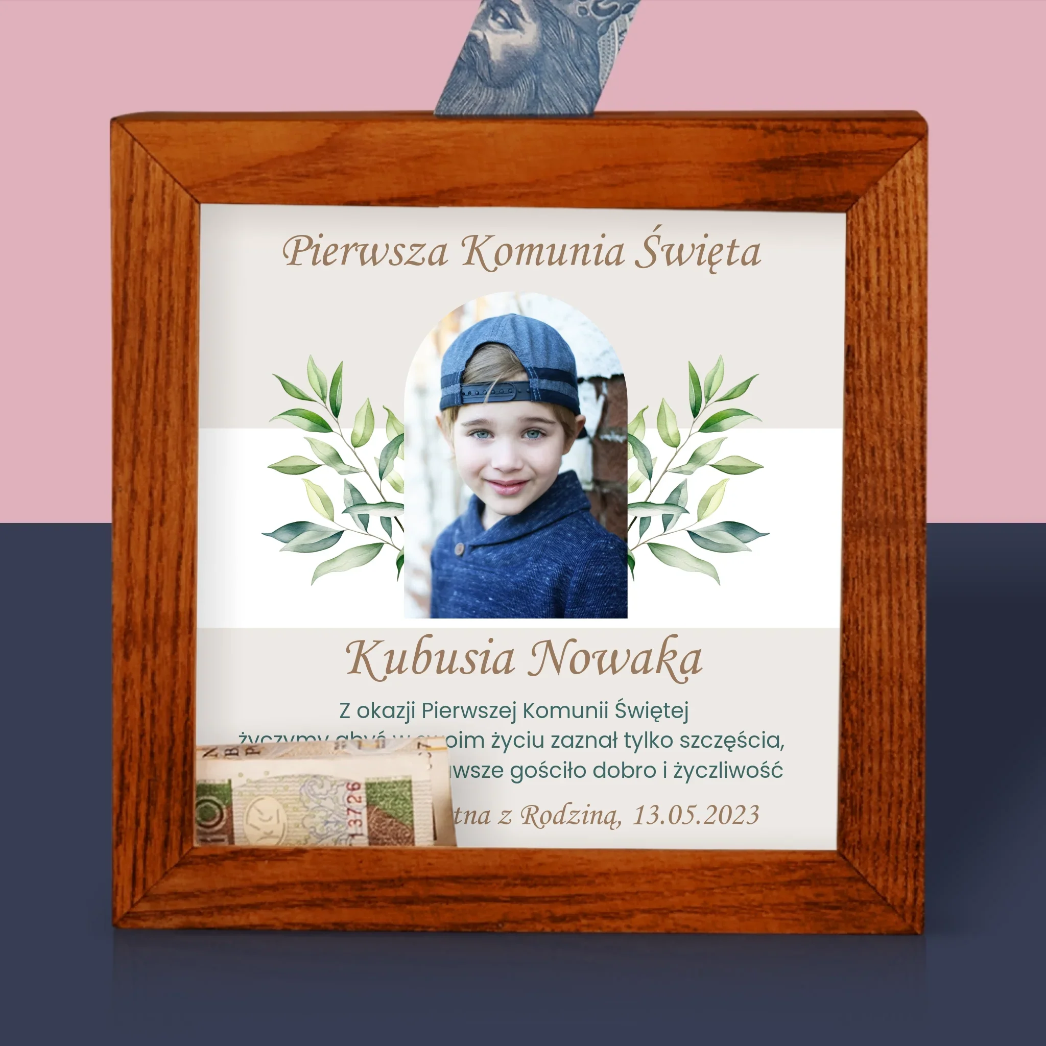 Zdjęcie I Podpis: Pierwsza Komunia Święta Życzenia - Drewniana Skarbonka - Image 2