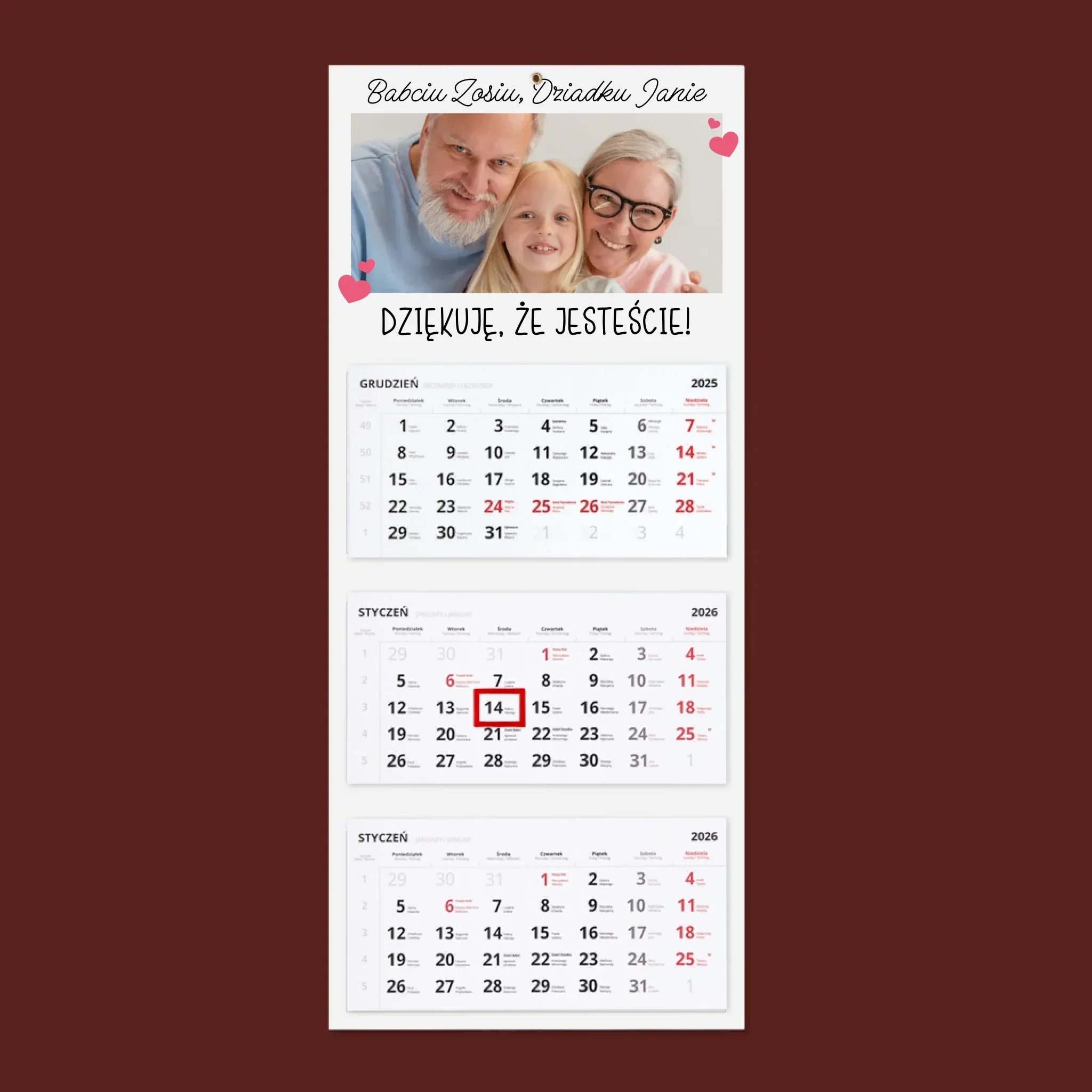 Zdjęcie i Podpis: Podziękowania Dla Dziadków - Personalizowany Kalendarz Trójdzielny