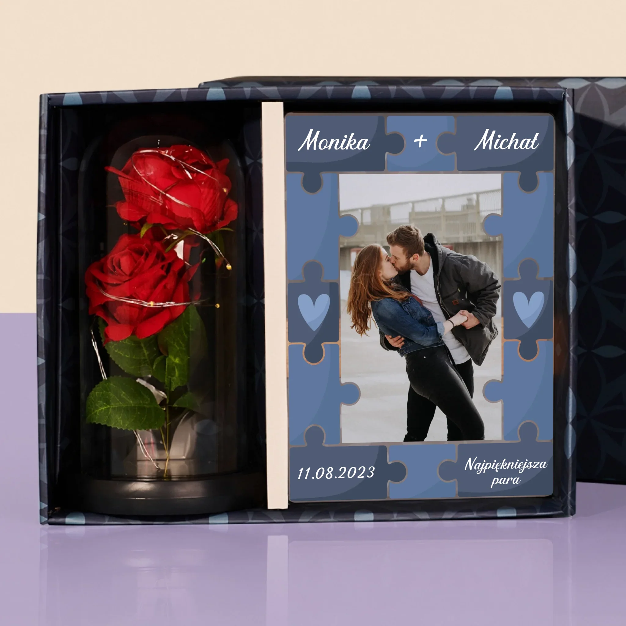 Zdjęcie i Podpis: Puzzle + Zdjęcie - Zestaw Prezentowy z Wydrukiem Na Szkle i Wieczną Różą - Image 2