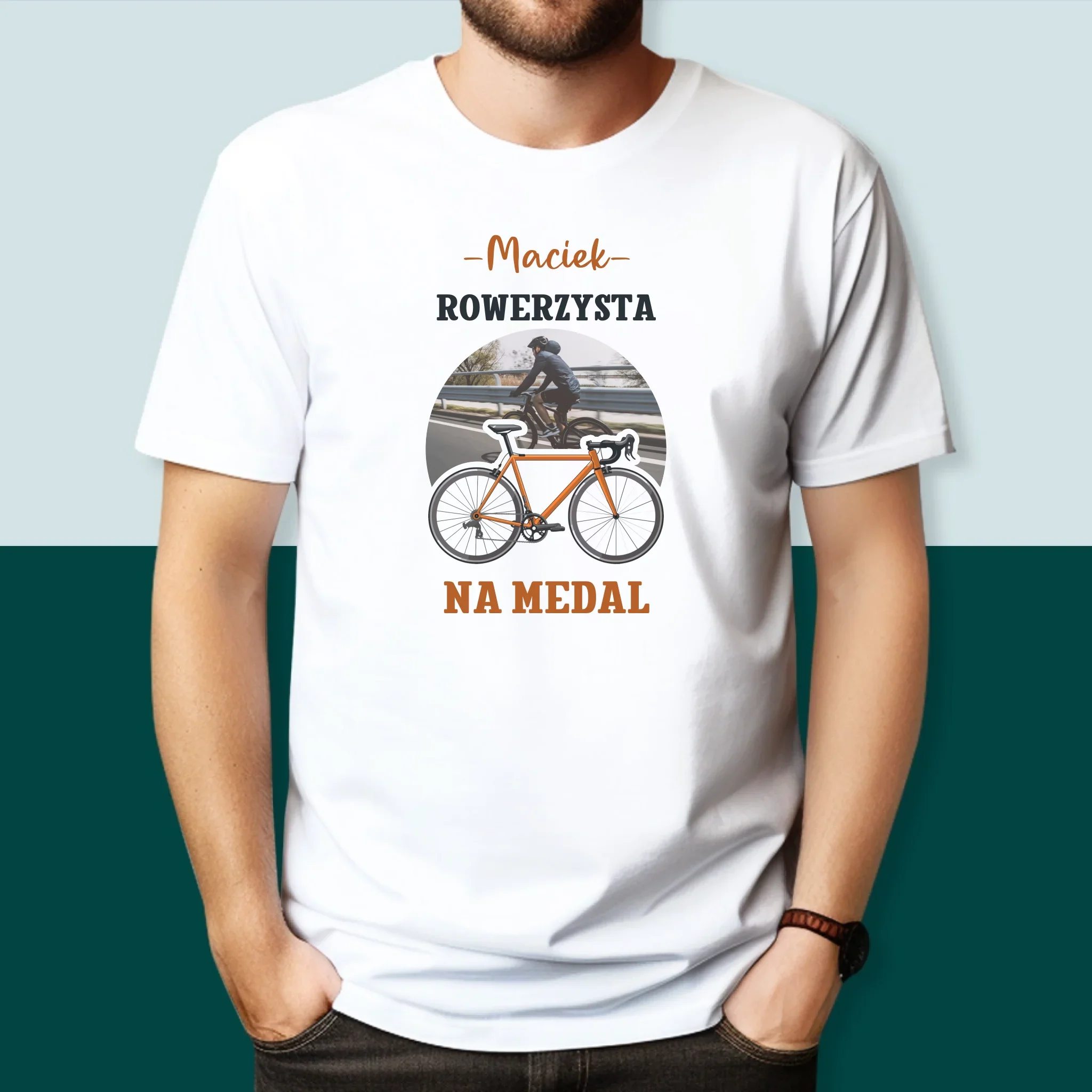 Zdjęcie I Podpis: Rowerzysta Na Medal - Koszulka Męska z Nadrukiem