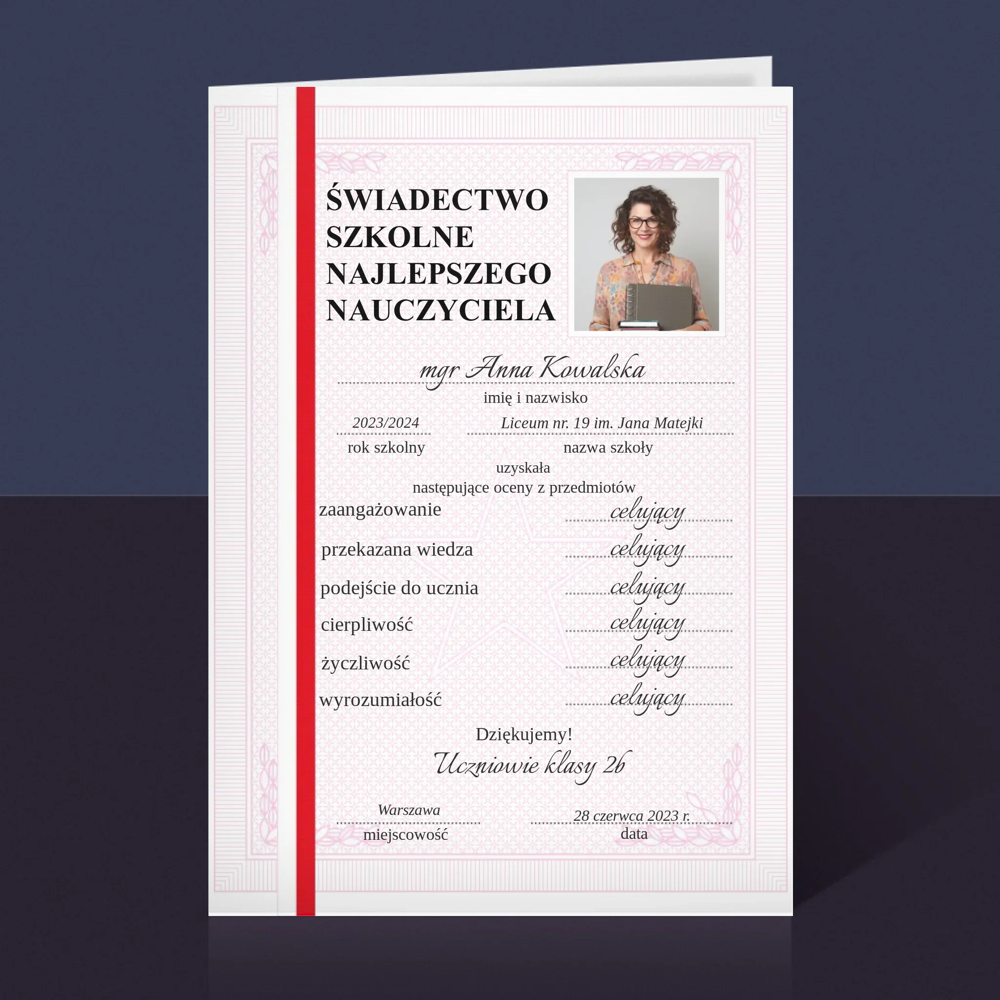 Zdjęcie i Podpis: Świadectwo Najlepszego Nauczyciela - Kartka z Życzeniami