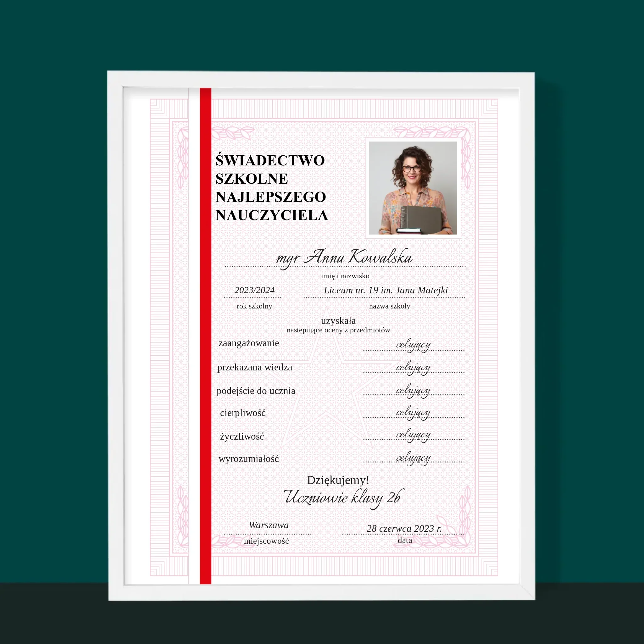 Zdjęcie i Podpis: Świadectwo Najlepszego Nauczyciela - Wydruk Obramowany - Image 10
