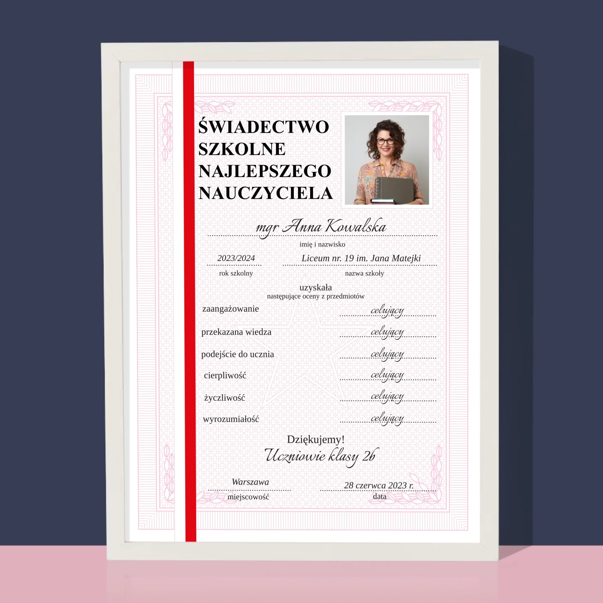 Zdjęcie i Podpis: Świadectwo Najlepszego Nauczyciela - Wydruk Obramowany - Image 8
