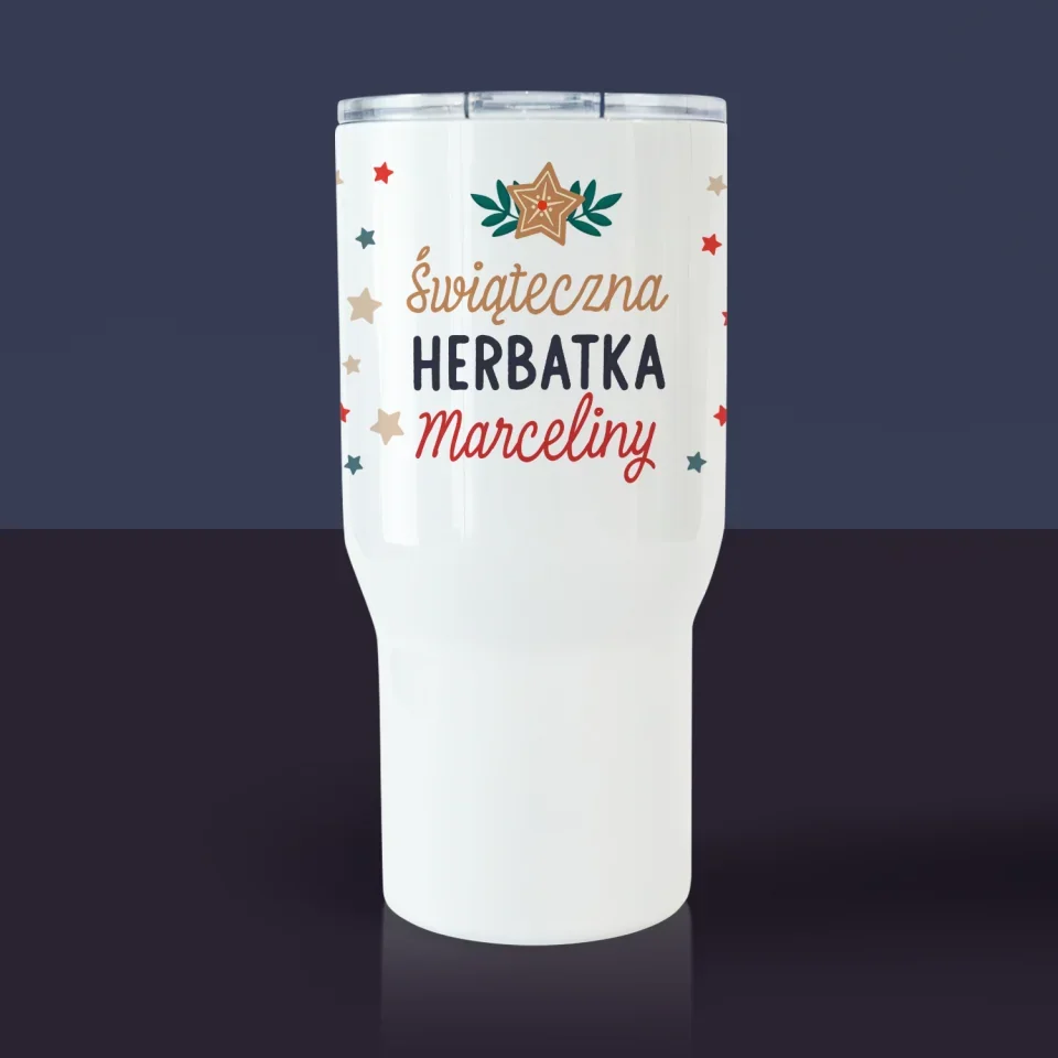 Zdjęcie i Podpis: Świąteczna Herbatka - Kubek Termiczny Biały