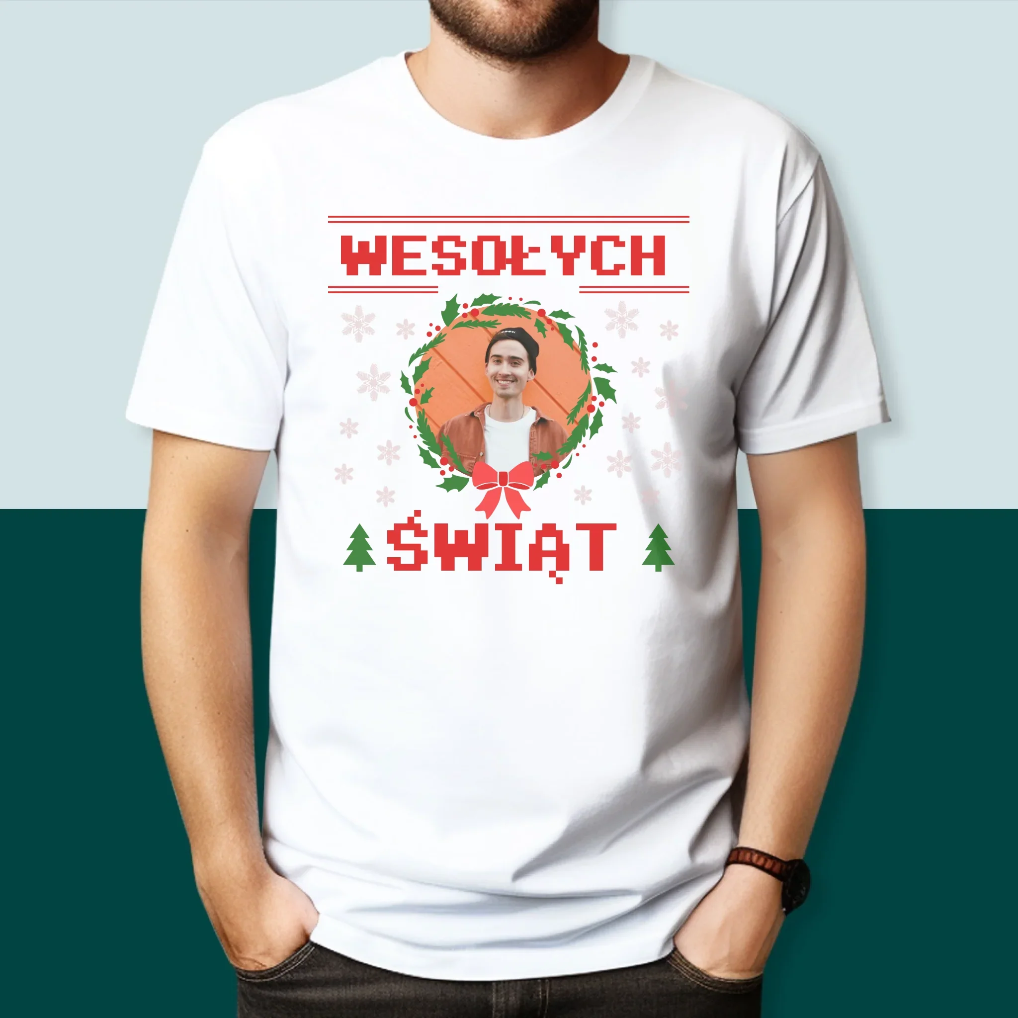 Zdjęcie I Podpis: Świąteczny Sweter - Koszulka Męska z Nadrukiem