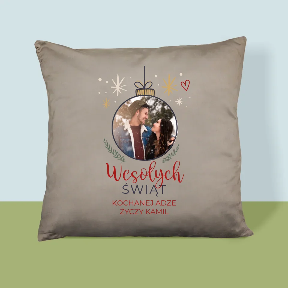 Zdjęcie I Podpis: Wesołych Świąt Bombka - Poduszka z Nadrukiem